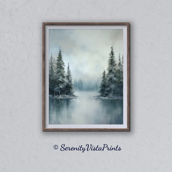 Winter Snowy Forest and Frozen Lake Art Print, Nature Wall Art, Christmas Landscape, Digital Painting, Winter Forest Wall Art, Digital File