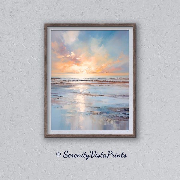 Sea Sunset Abstract Painting, Winter Seascape Art Print, Frozen Lagoon Wall Art, Modern Minimal Poster, Impressionism,  Azure and Amber
