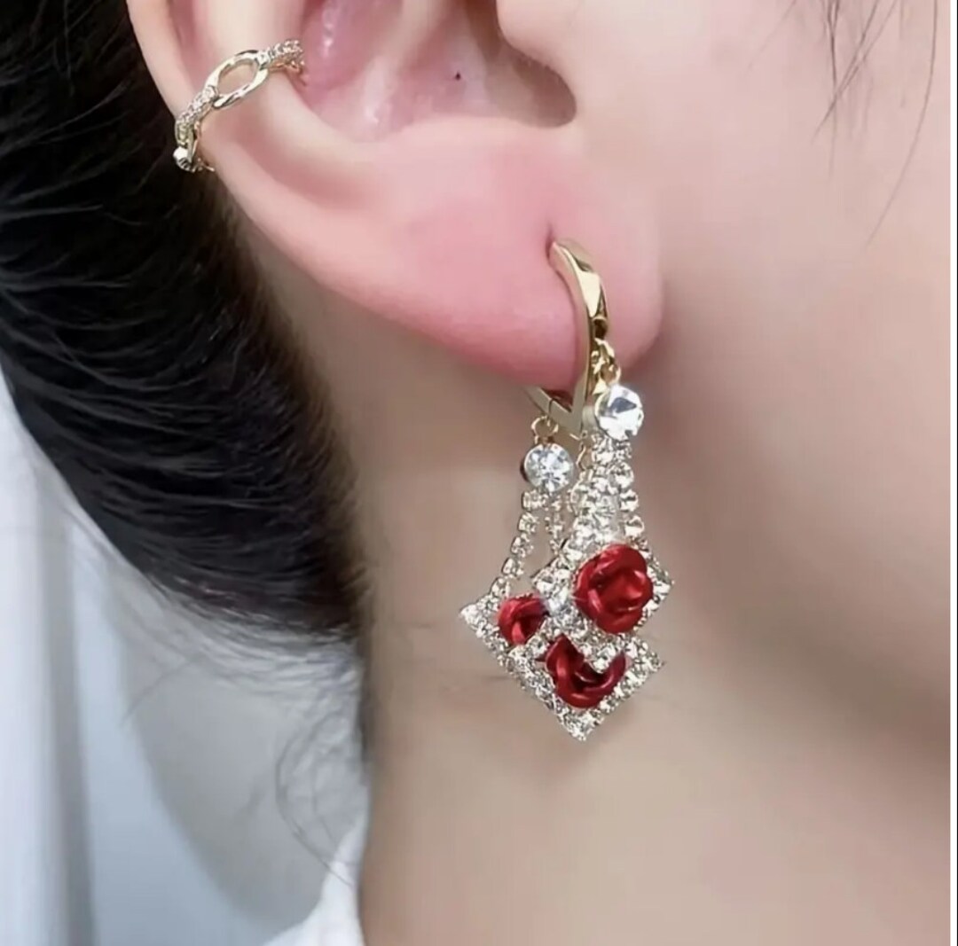 3 Layers Red Rose Earrings, Hollow Rhombus Shape, Shiny Zircon Inlaid