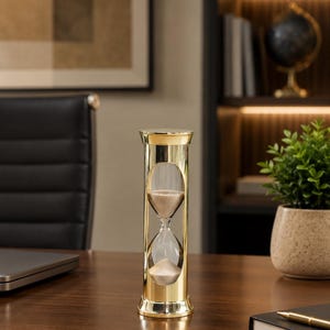 Pode incluir: Uma ampulheta cilíndrica com uma estrutura de metal polido em tom dourado e câmaras de vidro transparente. A ampulheta contém areia fina de cor clara que flui do bulbo superior para o bulbo inferior através de um centro estreito.