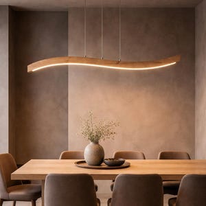 Solid Oak Curved Linear LED Chandelier: Modern Japandi Hanging Lamp Fixture Wooden Light