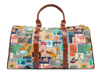 Travel Bag for Women. Stamps Print. Bag for Gift. Gift for Mom, Wife, Daughter. Waterproof Travel Bag. Leather Straps. Colorful Print.