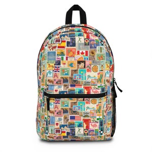May include: A colourful backpack with a pattern of vintage postage stamps featuring images of animals, landmarks, and flags from around the world.