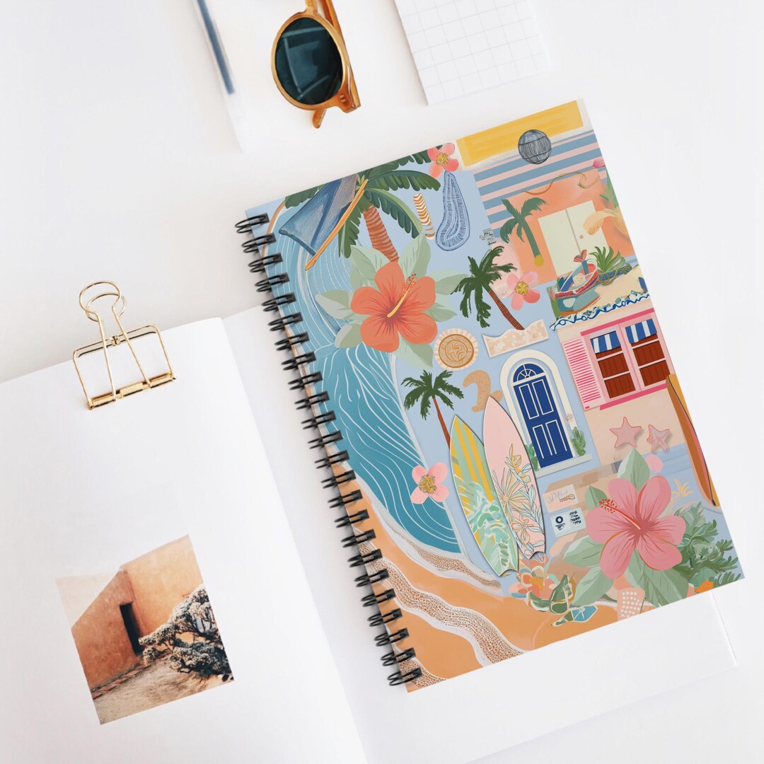 Tropical Surf Collage Spiral Notebook | Beach Floral Ruled Journal ...