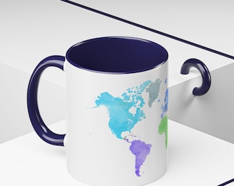 Keramische mok, kleurrijk reiscadeau wereldkaart, cadeau koffiemok, accentmok 11oz 15oz, reislustcadeau, kaartcadeau, mok aardrijkskunde. Kantoormok.