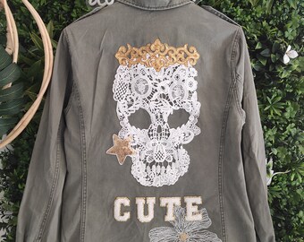 TU Veste kaki personnalisée tête de mort skull dentelle blanc cute