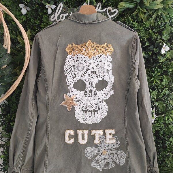 TU Veste kaki personnalisée tête de mort skull dentelle blanc cute