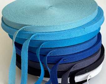 3/8in (10mm) 100% Cotton Twill Tape Blue Shades By The Meter Herringbone Webbing Ribbon By The Yard