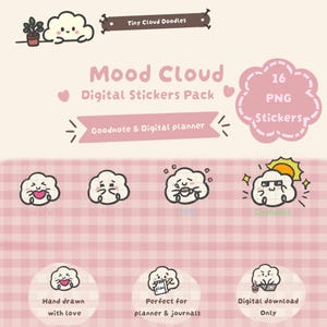 May include: A digital sticker pack titled Mood Cloud Digital Stickers Pack featuring 16 PNG stickers. The graphics include various white cloud characters with different facial expressions, hand-drawn in a simple style with black outlines.