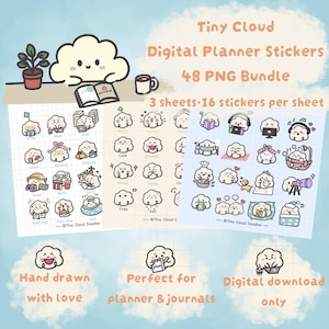 Könnte beinhalten: Digitale Planer-Sticker mit niedlichen Wolken-Illustrationen, die verschiedene Emotionen und Aktivitäten darstellen. Das Set enthält 48 PNG-Sticker, 3 Bögen mit je 16 Stickern. Text: "Tiny Cloud Digital Planner Stickers".