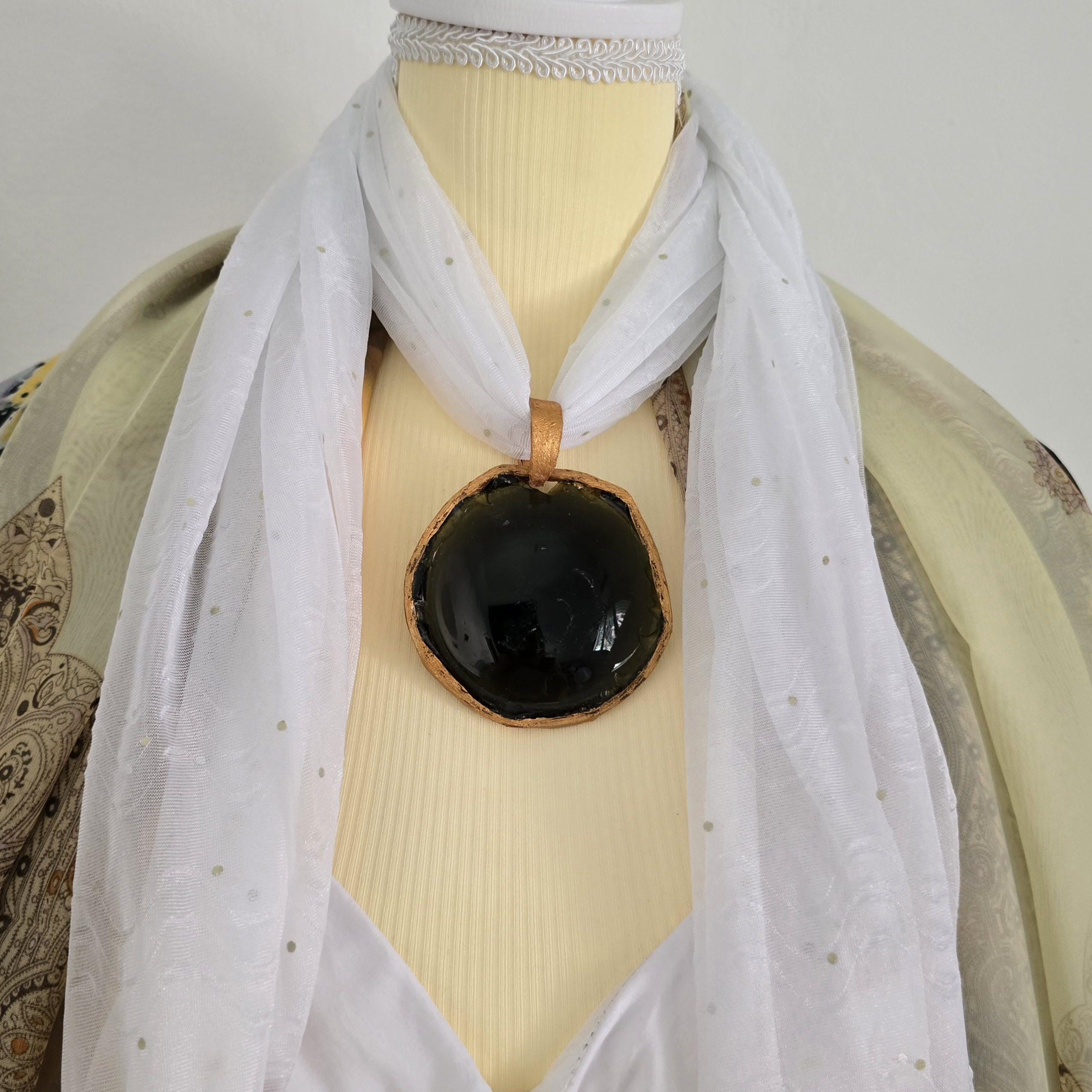 Handmade Paper Statement Necklace: Blue Art Scarf, Upcycled Glass Pendant