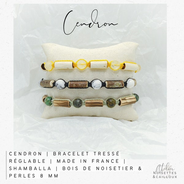 CENDRON | Bracelet tressé réglable | pierre gemme naturelle | micro macramé | Made in France | shamballa | bois de noisetier personnalisable