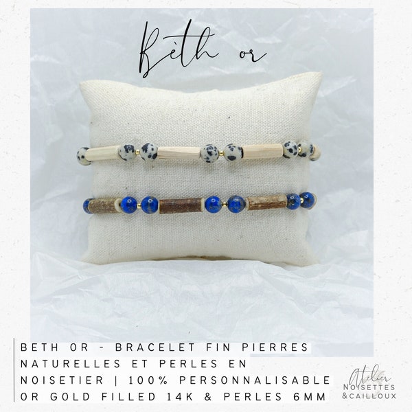 BETH OR - Bracelet fin pierres naturelles et perles en noisetier | 100% personnalisable | Or gold filled 14k | Bijou durable résiste à l’eau