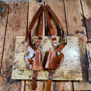 Premium Handcrafted Leather Vertical Roto Double Shoulder Holster for Kimber, CZ, Ruger, Smith & Wesson and HK Models with Steel Thumb Break