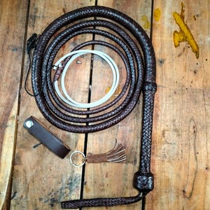 Cowhide Leather Chocolate Brown Bullwhip With White Fall, 4ft to 12ft Indiana Jones Style Professional Bullwhip