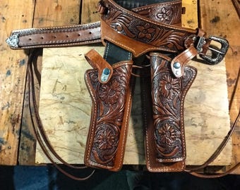 ハンドメイドレザーダブルホルスターベルト、ウエスタンカウボーイリグ