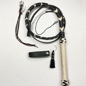 Kangaroo Hide Leather Bullwhip , 4ft to 12ft, 12/16 Plait Professional Australian Style Black/Cream Two Tone Bullwhip