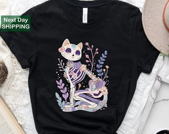 Camiseta de esqueleto de gato gótico pastel, camiseta kawaii espeluznante y adorable