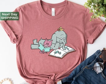 Leer más Camiseta de libro, Buen día para leer Camiseta para niños Camisa divertida de palomas elefante cerdito, libros para niños, regalo para amantes de los libros