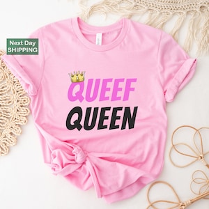 a pink t - shirt that says queen with a crown on it