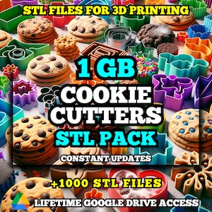 May include: An image showcasing a variety of cookie cutters in different shapes and colors, alongside several chocolate chip cookies. Text on the image reads "STL FILES FOR 3D PRINTING", "1 GB COOKIE CUTTERS STL PACK", and "+1000 STL FILES".