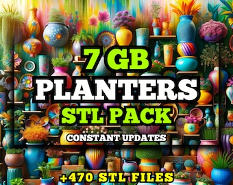 May include: An image showcasing a collection of colorful planters, with the text "STL FILES FOR 3D PRINTING". The image also includes the text "7 GB PLANTERS STL PACK", "CONSTANT UPDATES", "+470 STL FILES", and "LIFETIME GOOGLE DRIVE ACCESS". The planters are in various shapes and sizes.