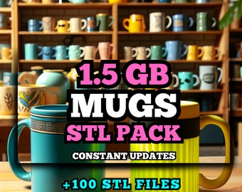 May include: An image advertising an STL file pack for 3D printing mugs. The text reads "STL FILES FOR 3D PRINTING", "1.5 GB MUGS STL PACK", "CONSTANT UPDATES", "+100 STL FILES", and "LIFETIME GOOGLE DRIVE ACCESS". Two mugs are in the foreground.