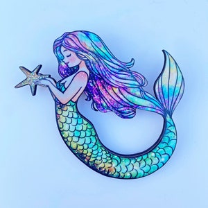 Laser Cut Mermaid Brooch: Whimsical Wood Pin, Vibrant Colors