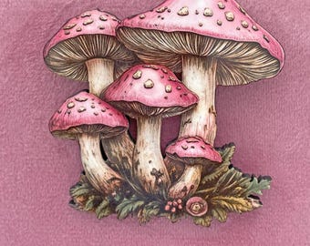 Pink Mushroom Brooch: Sublimated Laser Cut Wood, Cottagecore Jewelry
