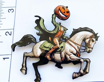Headless Horseman Brooch: Sleepy Hollow Halloween Pin, Wearable Art