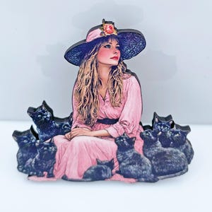 Mystical Woman & Black Cats Brooch: Laser Cut Wood, Witchy Fashion