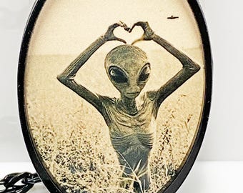 Retro Alien Pendant Necklace: Laser Cut UFO Jewelry, 24" Black Chain