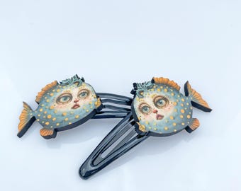 Pufferfish Hair Clips – Sublimated Laser Cut Wood | Quirky Ocean-Inspired Hair Accessories with Big Personality