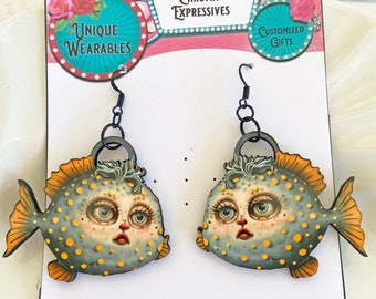 Whimsical Blowfish Earrings: Handcrafted Laser Cut Wood, Sublimated Illustration