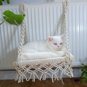Macrame Cat Hammock: Heated Window Perch, Wall Mounted Cat Bed