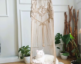 Boho Macrame Cat Hammock: Hanging Cat Bed Swing with Cushion