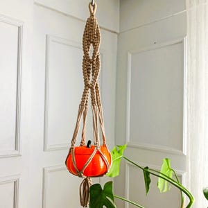 May include: A macrame plant hanger with a bright orange pumpkin-shaped planter hanging from it. The hanger is made of natural twine and has a simple, elegant design.