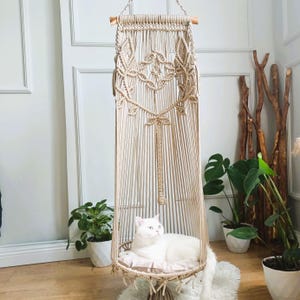 Puede incluir: Un gato blanco sentado en una silla colgante de macramé con un cojín de color crema. La silla está hecha de cuerda de fibra natural y tiene un patrón geométrico.