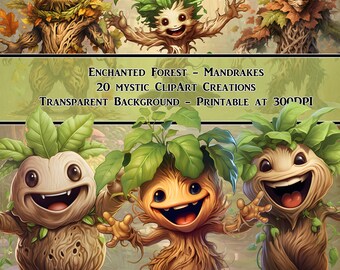 Magical Mandrakes, Enchanted Forest, ClipArt, Scrapbooking, Junk Journal, Decoration, Transparent, Commercial License