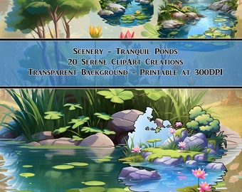 Tranquil Ponds, Scenery, ClipArt, Scrapbooking, Junk Journal, Decoration, Transparent, Commercial License