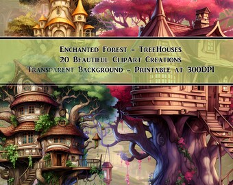 Enchanted Forest Tree Houses, ClipArt, Scrapbooking, Junk Journal, Decoration, Transparent, Commercial License