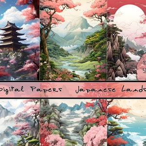 Japanese Landscapes Digital Papers, Junk Journalling, Scrapbook, Printable, Journal Pages
