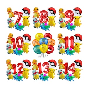 May include: A selection of colourful foil balloons featuring popular cartoon characters and numbers 7 to 14. Each number is paired with character balloons and a red and white ball-shaped balloon. Ideal for a birthday party.