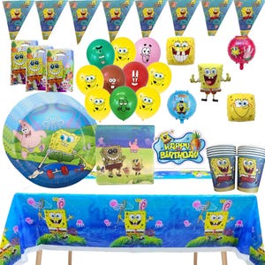 May include: A Spongebob Squarepants themed party supply set including a blue tablecloth, paper plates, cups, napkins, a Happy Birthday sign, triangular pennant banners, gift bags, and an assortment of colourful latex and foil character balloons.