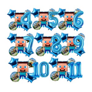 May include: A selection of blue foil number balloons, from 4 to 11, accompanied by star-shaped balloons. Each number balloon is paired with a Minecraft character balloon and a round balloon featuring a Minecraft scene.