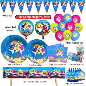 May include: A 79-piece party pack featuring Baby Shark themed supplies: 10 triangular flags, 2 foil balloons, 10 latex balloons, 10 nine-inch plates, 10 seven-inch plates, 20 napkins, 10 cups, a 180 by 108 cm tablecloth, and 6 party blowouts.