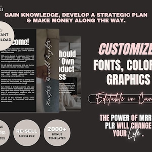May include: A digital marketing product with a pink and white color scheme. The text on the image reads "Gain knowledge, develop a strategic plan & make money along the way."  "Customize fonts, colors, graphics. Editable in Canva. The power of MRR & PLR will change your life."