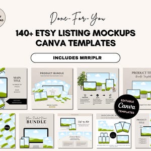 以下が含まれることがあります： 製品バンドル、製品タイトル、メインタイトル用の140以上のEtsyリストモックアップとCanvaテンプレートのコレクション。モックアップは、ラップトップ、タブレット、電話など、さまざまなデバイスを特徴とし、製品画像とテキストを展示しています。テンプレートは編集可能で、「Done-For-You」、「Includes MRR/PLR」、「Editable Canva Templates」というテキストが含まれています。