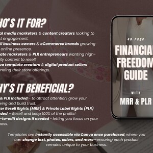 May include: A digital product guide with a pink and white background. The guide is titled "40 Page Financial Freedom Guide with MRR & PLR". The text describes who the guide is for and why it is beneficial.