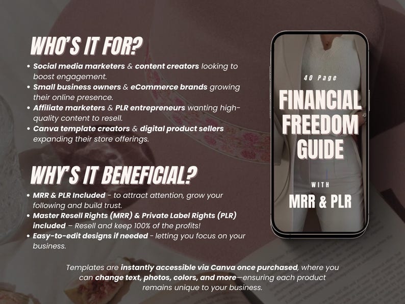 May include: A digital product guide with a pink and white background. The guide is titled "40 Page Financial Freedom Guide with MRR & PLR". The text describes who the guide is for and why it is beneficial.